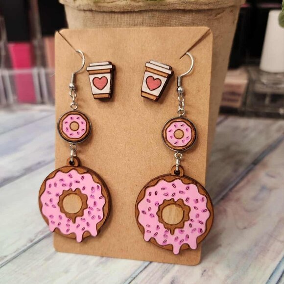 Donut & Coffee Earrings Set – Cute Sweet Treat Dangles and Studs | Handmade Brea - Picture 6 of 7